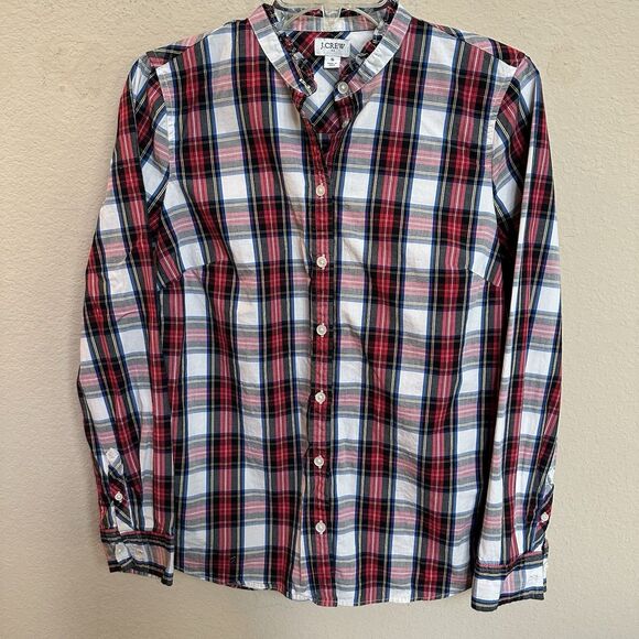 J CREW Small Red Tartan Plaid Button Down Blouse Ruffed Mock Neck - Picture 2 of 8